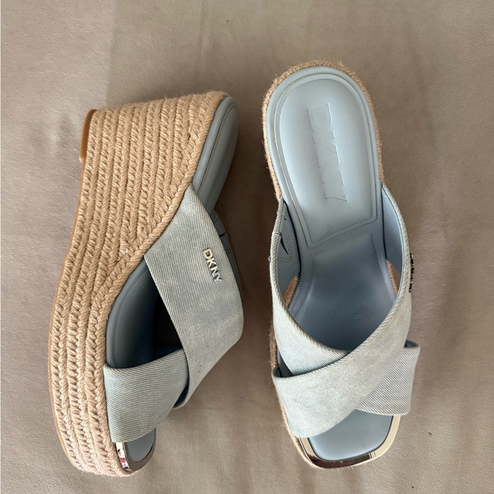 DKNY Blue and Tan Espadrille Wedge Sandals